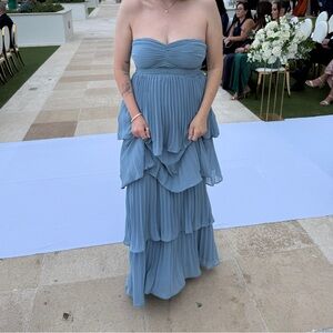 Lulu's Dusty Blue Strapless Tiered Pleated Maxi Dress
